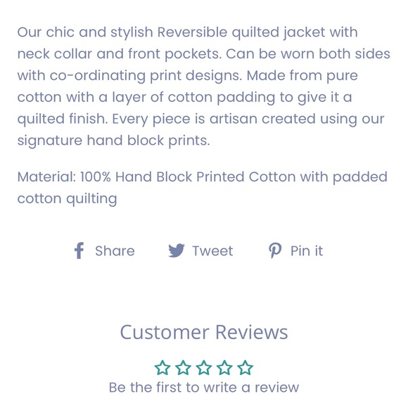 NILA RUBIA Bolavi 100% Hand Block Printed Revers-able Quilted Jacket sz S - Picture 8 of 8